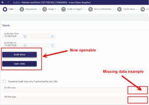 CB Technical Reviewer screenshot of where to see audit times and open visits